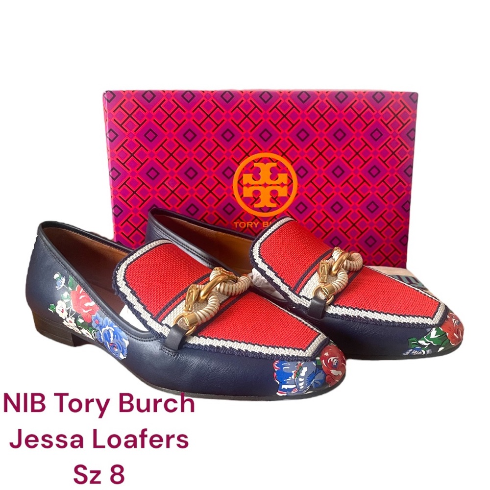 NIB Tory Burch Jessa Navy Tea Rose Leather Loafers Size 8